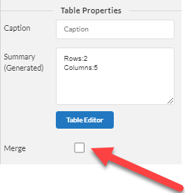 Equidox Table Editor properties showing Merge button