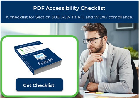 PDF accessibility checklist concept image and text, PDF Accessibility Checklist: a checklist for Section 508, ADA Title II, and WCAG compliance.