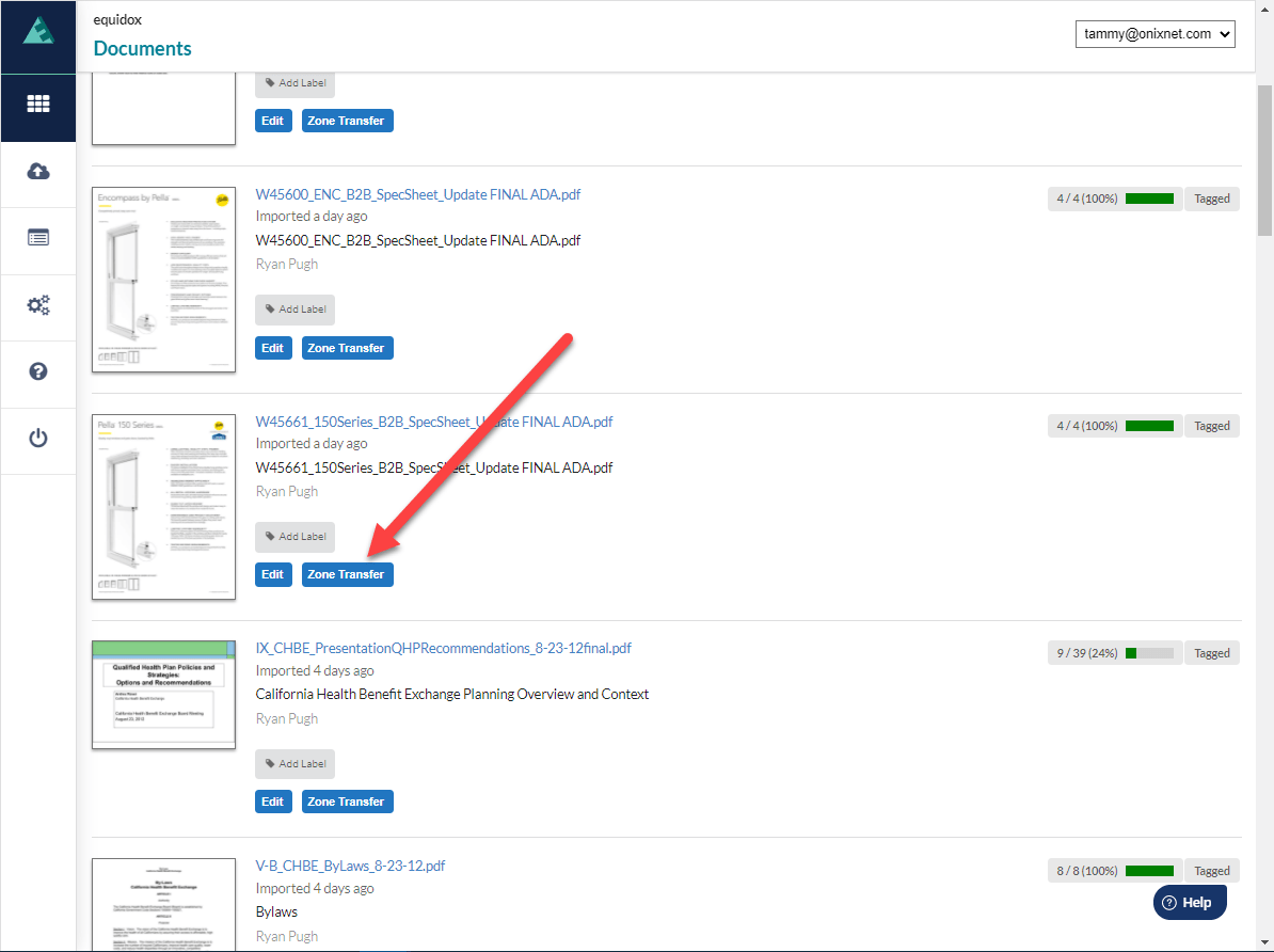 Documents Page with arrow pointing to the Zone Transfer button alongside the chosen document. 