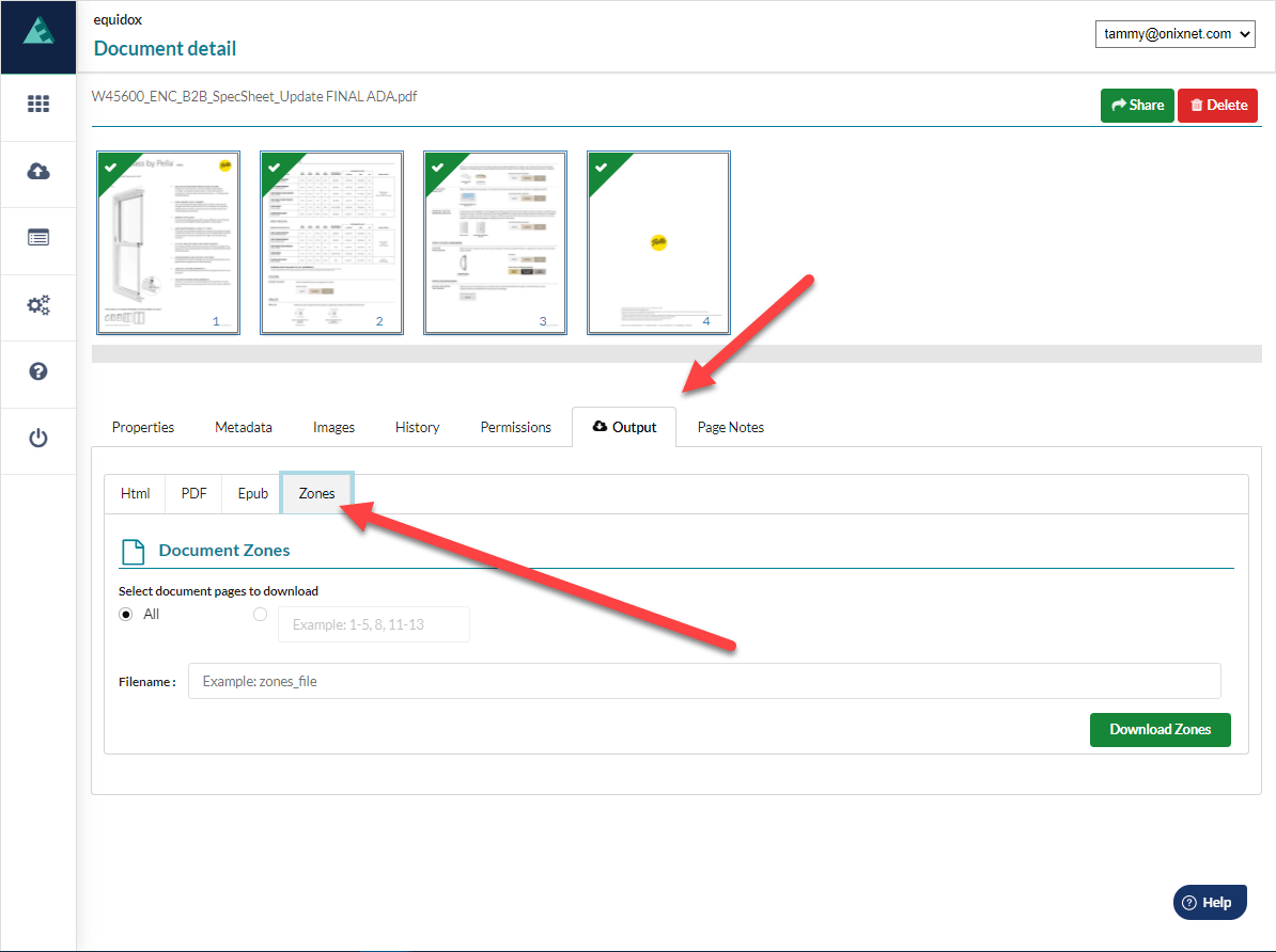 Document Detail page with arrows pointing to the OutPut Tab and the Zones Tab. 
