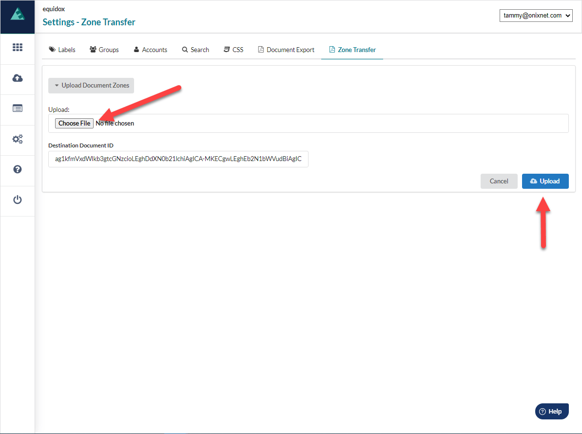 Settings page with arrow poingint to the "Choose File" button and the Upload Button