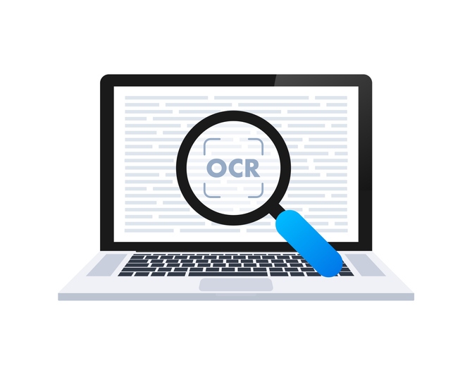 Illustration of a laptop with a magnifying glass over the screen showing "OCR"