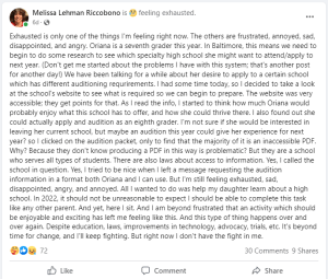 Screenshot of Melissa Riccobono's Facebook post. Text of the post is found in the article below. 