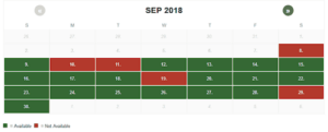 A calendar indicating available days using green, unavailable days using red.