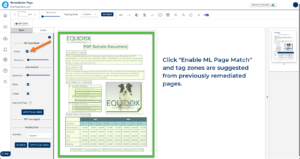 Screenshot of Equidox software Page Match feature, showing the Enable checkbox in the ML Page Match section.
