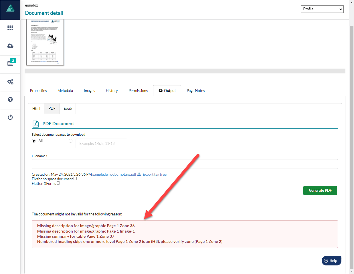 Equidox Document Detail page with arrow pointing to some of the Output Warnings for common accessibility errors