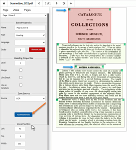 Equidox P)age showing zones changed to headings and OCR Convert to Text button