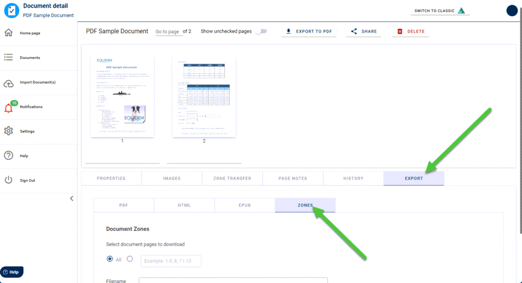 Document detail page showing the Export tab and the Zones subtab