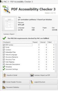 PAC 3 PDF Accessibility Checker showing that the PDF/UA requirements checked by the PAC checker have been fulfilled. Closer examination shows that for each checkpoint listed, 0 items passed, 0 items warned, and 0 items failed. The pack checker detected no content.
