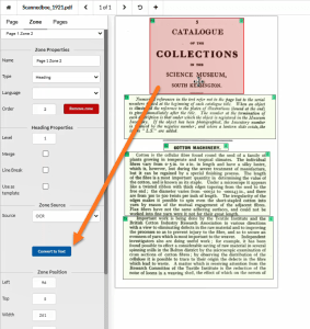 Equidox Zone Tab showing "Convert to Text" button under the Zone Source "OCR"