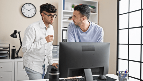 Two concerned men conferring over a computer