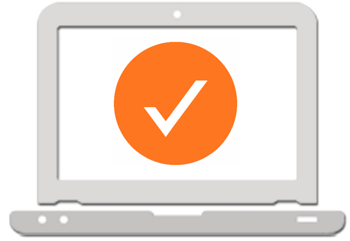 Laptop with orange checkmark on screen