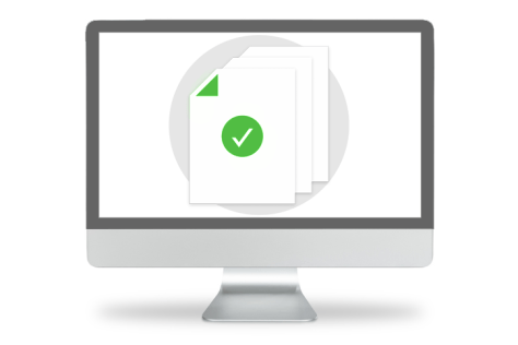 Computer screen with documents and a green checkmark