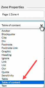 Equidox Zone type with Table of Content zone selected