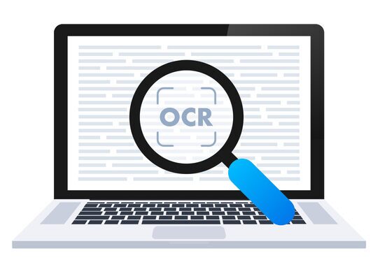 Illustration of a laptop with a magnifying glass over the screen showing "OCR"