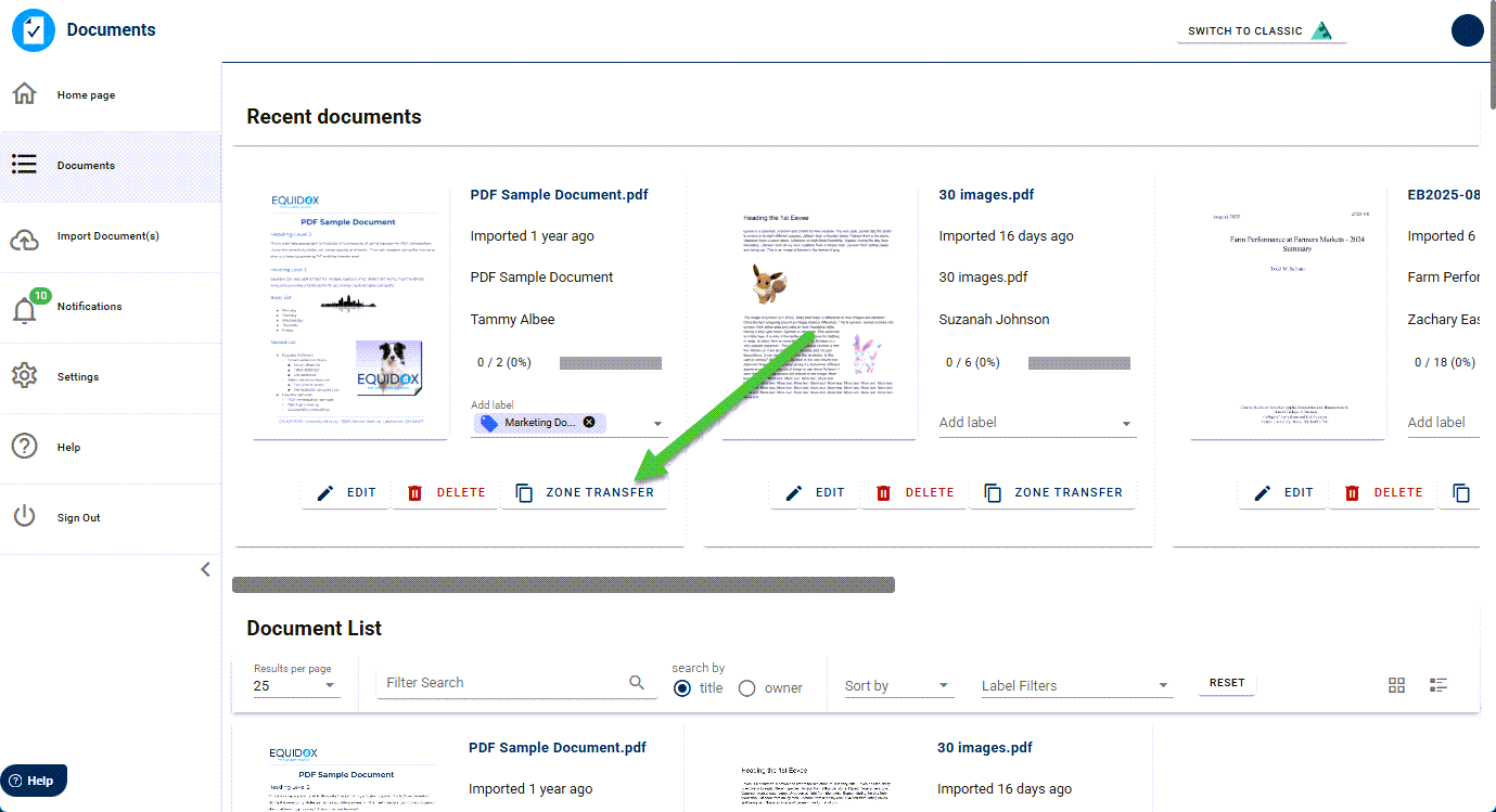 Documents page showing the documents and the Zone Transfer Button