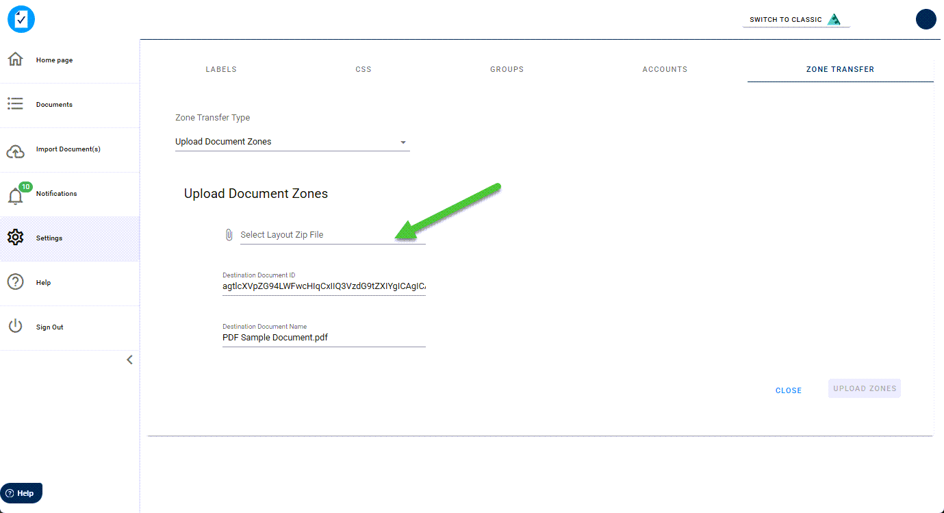 Settings page showing the Zone transfer Tab and Select Zip file field.