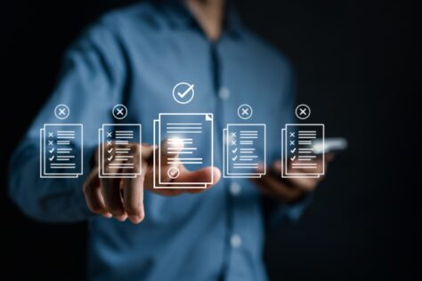 AI Document Checking System, online documentation database and process manage files, Magnifier check and focus to document folder, documentation. Corporate business technology concept.