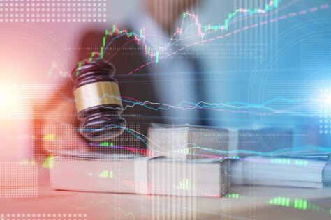 Gavel and finance imagery.